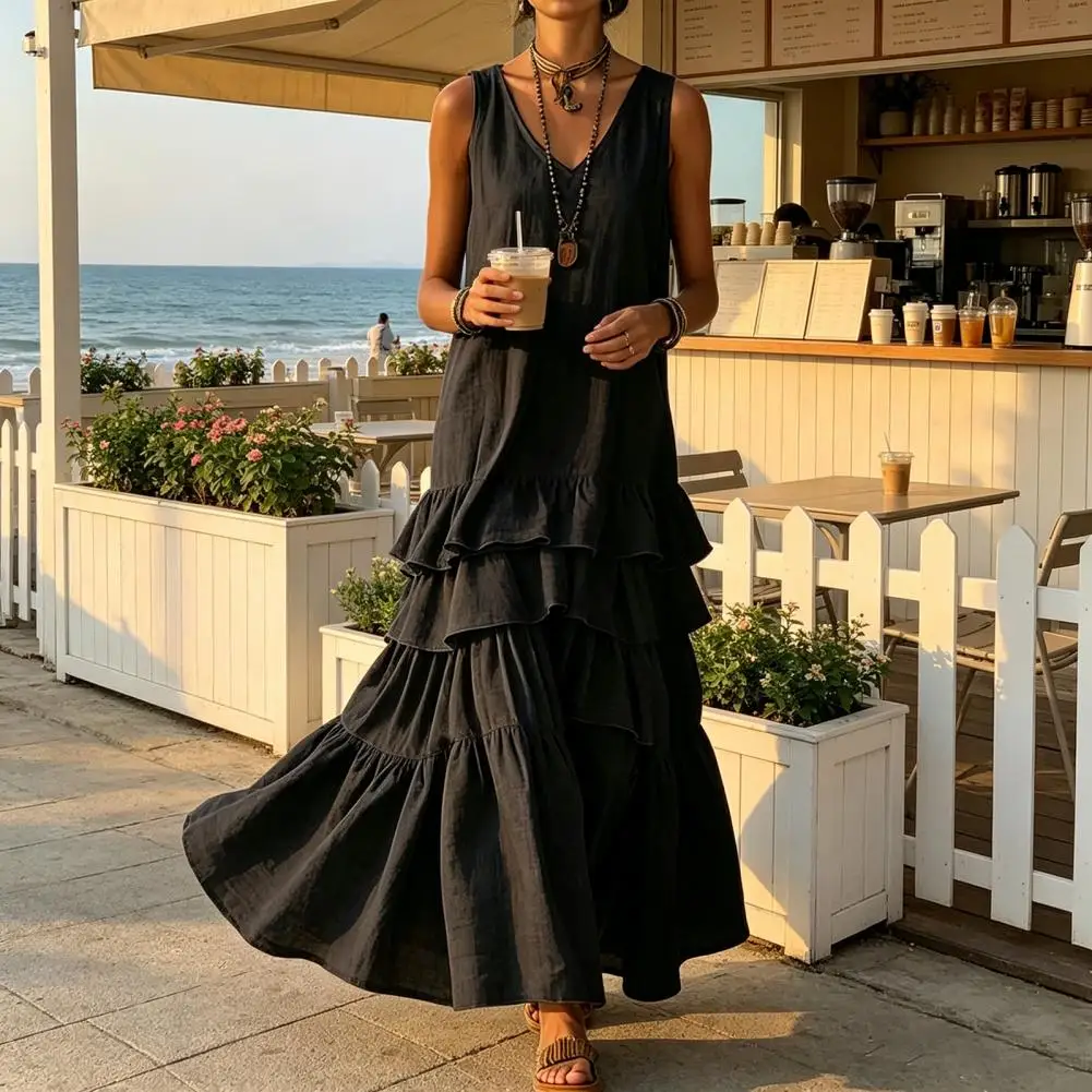Summer Women's Sleeveless Maxi Dress V Neck Tiered Ruffle Loose Flowy Beach Sundress Casual Long Tank Dress Vacation Daily Wear - view 3