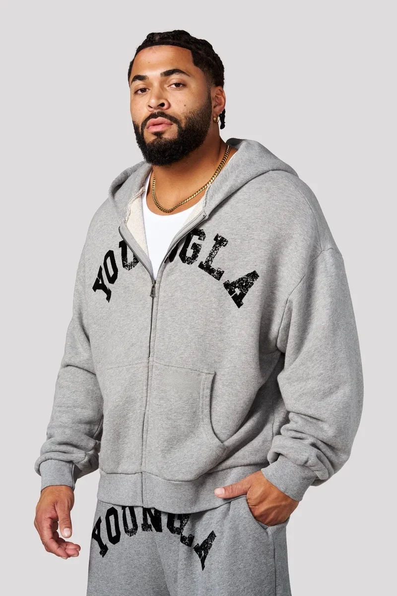 Men's YOUNGLA Retro Distressed Zip-Up Hoodie Loose Fitness Pullover Casual Streetwear with Pockets Outerwear