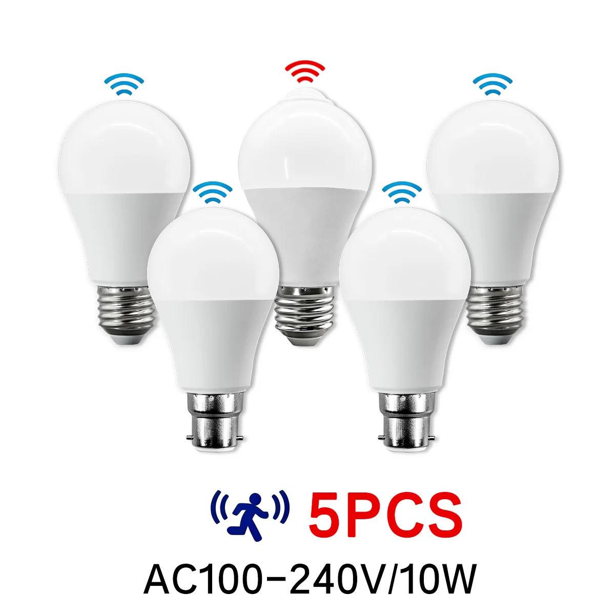 5Pack E27 LED Bulb Light Radar Motion Sensor AC100-240V White Lamp Working in Night Auto on Off for Ooudoor Stairs Pathway