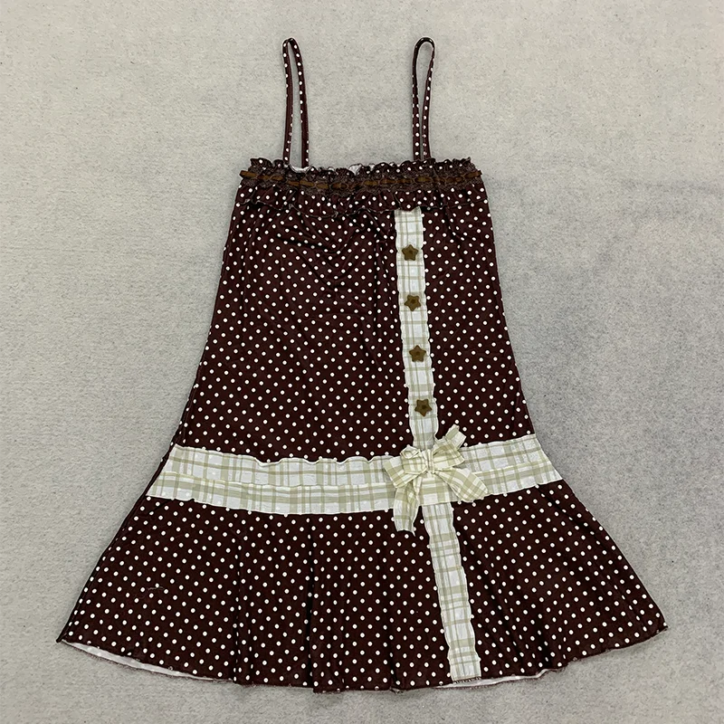 Damen-Minikleid Braun Gepunktet Spaghettiträger Quadratischer Ausschnitt Schleife Rüschenbesatz A-Linie Y2K Sommer Niedliches Freizeitkleid – Detail 9