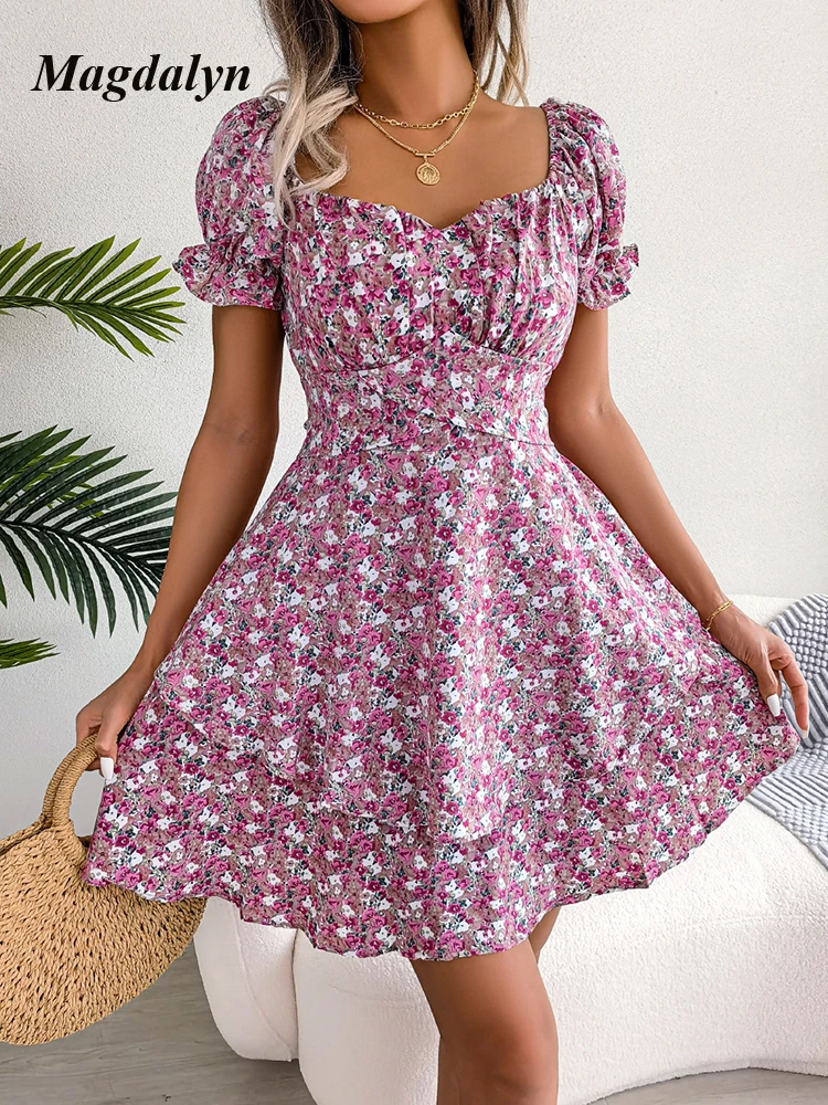 Magdalyn Women A Line Floral Print Dress Square Collar Short Flare Sleeve Korean Vestidos Vintage Bohemian Summer Beach Sundress