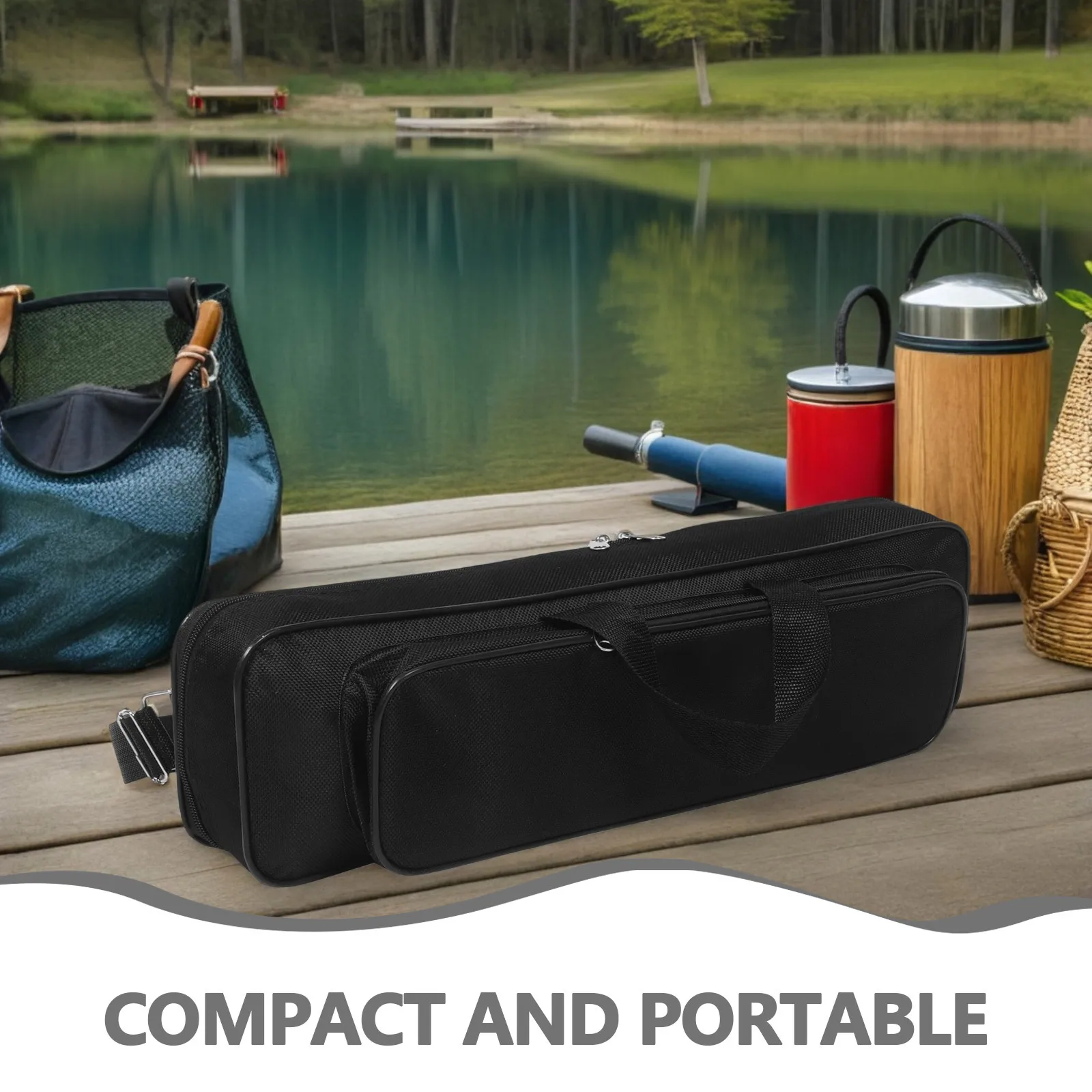 حقيبة صنارة الصيد المدمجة 50 سم إطار سلك فولاذي من قماش أكسفورد أنيق ومتعدد الاستخدامات لتخزين أدوات الصيد للصيادين