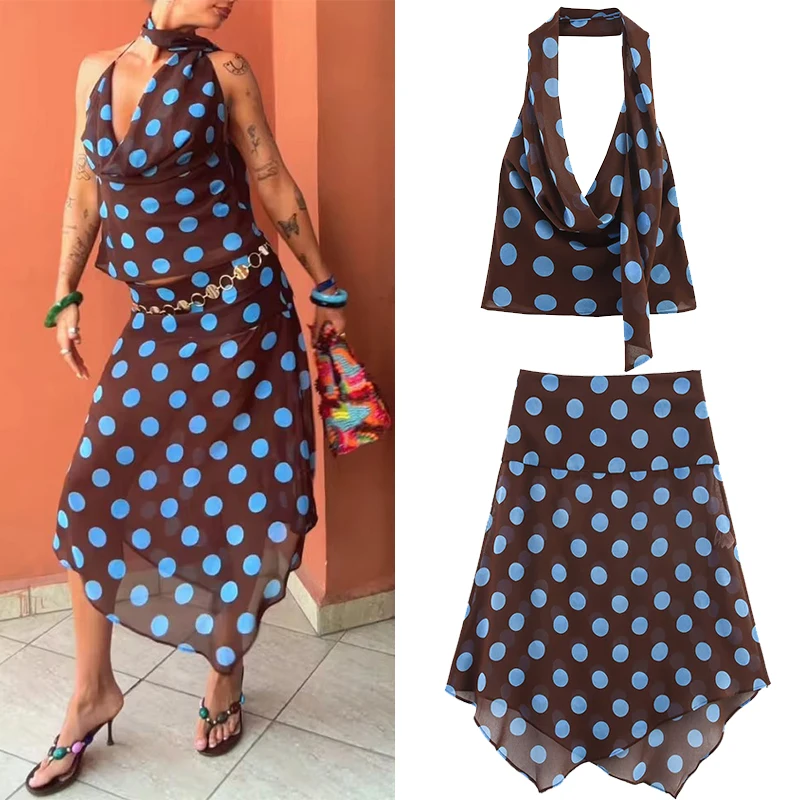 

Asymmetric Skirt Sets For Women 2 Pieces Outfit 2025 New Fashion Polka Dot Printed Top Midi Skirts Set Elegant Women's Suit