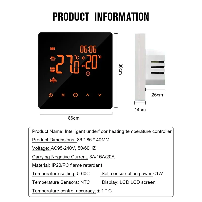 ABLL-Tuya Wifi Wireless Thermostat Touch Screen Temperature Controller Water/Electric Floor Heating Gas Boiler For Alexa(16A) Du