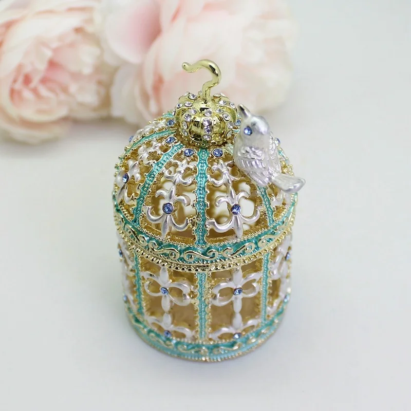 SHINNYGIFTS Hand Painted Enamel Bird Cage Trinket Box, Hinged Unique Mini Jewelry Organize Collectible Keepsake Home Decor