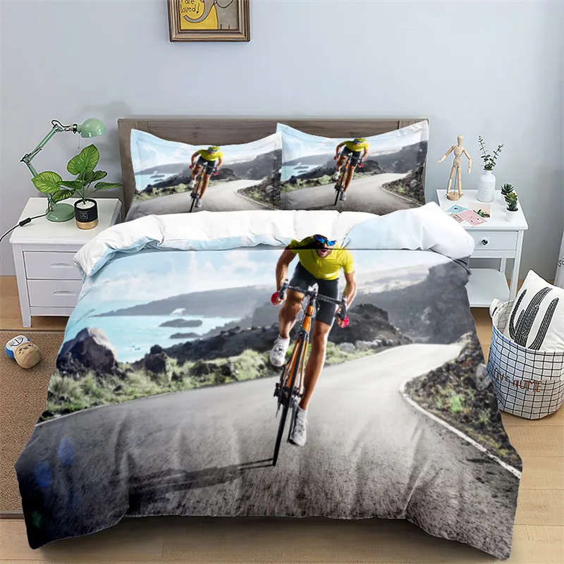 Bike Cycling Print Bedding Set Sport Style Duvet Cover Mountain Bike Quilt Cover With Pillowcases King For Teen Adult Room Decor