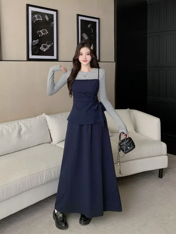 

plus Size Women's Ele Waist-Cinching Strap ter Top And A-Line Skirt Set High Waist Korean Sle Commute Faion