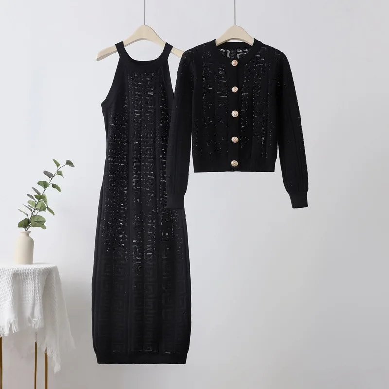 Women's Fashion Elegant Small Fragrant Knitted Set 2024 Spring/Summer Knitted Long Sleeve Button Jacket with Dress Two Piece Set