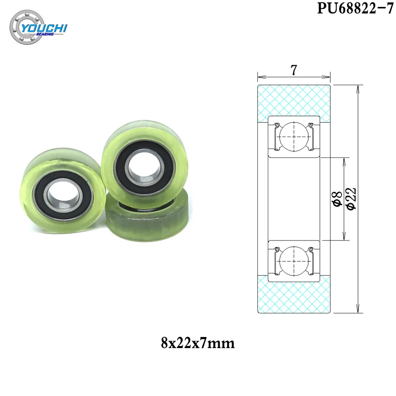 

10pcs PU68822-7 8x22x7 mm PU Coated Roller With 688RS Bearing OD 22mm Polyurethane Covered Door & Window Plastic Bearings