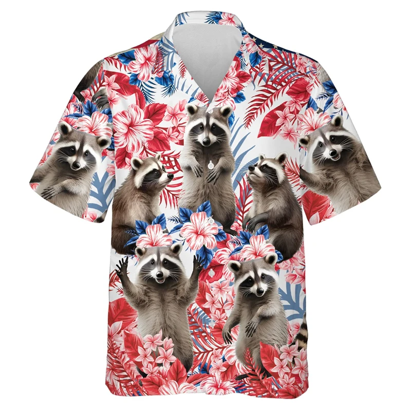 

Kawaii Raccoon Shirts For Men Clothes Cute Animal Graphic Beach Shirts Casual Vacation Women Lapel Blouse Cartoon Raccoons Tops