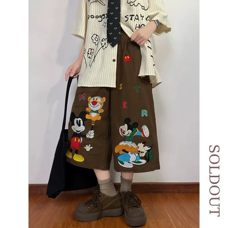 

Plus Size Women's Cartoon Mickey Embroidered Denim Jeans Loose Wide Leg Dad Pants Versatile Seven-Point Casual Trousers hoodie