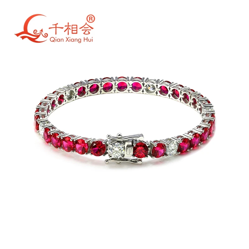 Pulsera de tenis de rubí de color rojo cultivado en laboratorio de 3mm, 4mm, 5mm y 6,5mm, pulsera de moissanita blanca de plata S925, regalo de joyería para fiesta para hombres y mujeres
