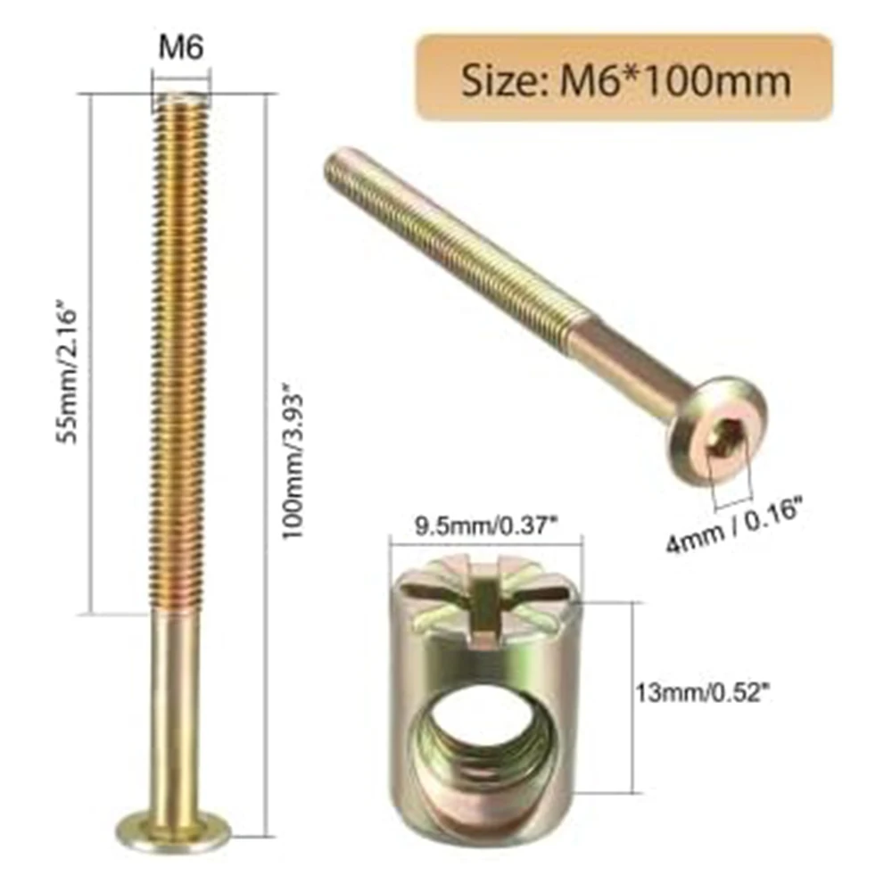 Juego de pernos y tuercas cilíndricos de M6 X 100mm, kit de clavijas cruzadas para cama, silla y cuna, piezas de repuesto para conectores, 100mm, 10 unidades