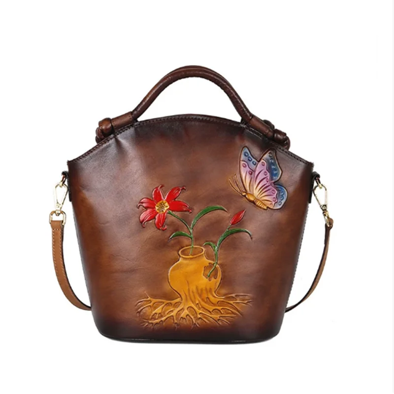 

2025 Women's Fashion Emboss Elegant Retro Handbag Bucket Bag Shoulder Crossbody Bag National Style Top Handle Office Daily