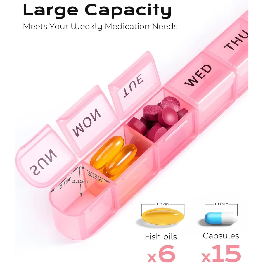 منظم حبوب أسبوعي كبير 7 أيام صندوق حبوب السفر علبة حبوب منع الحمل موزع حبوب يومي للفيتامينات الأدوية plements وزيت السمك P