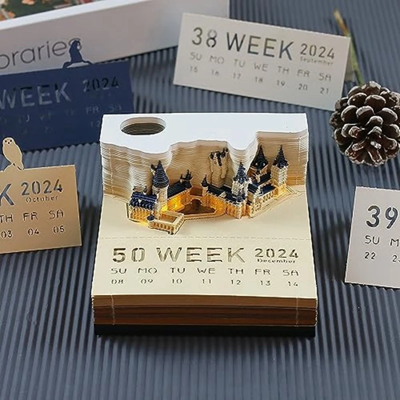 2024 blok Notepad Square Castle LED 3D catatan tempel buku tempel dengan kalender 2 buah