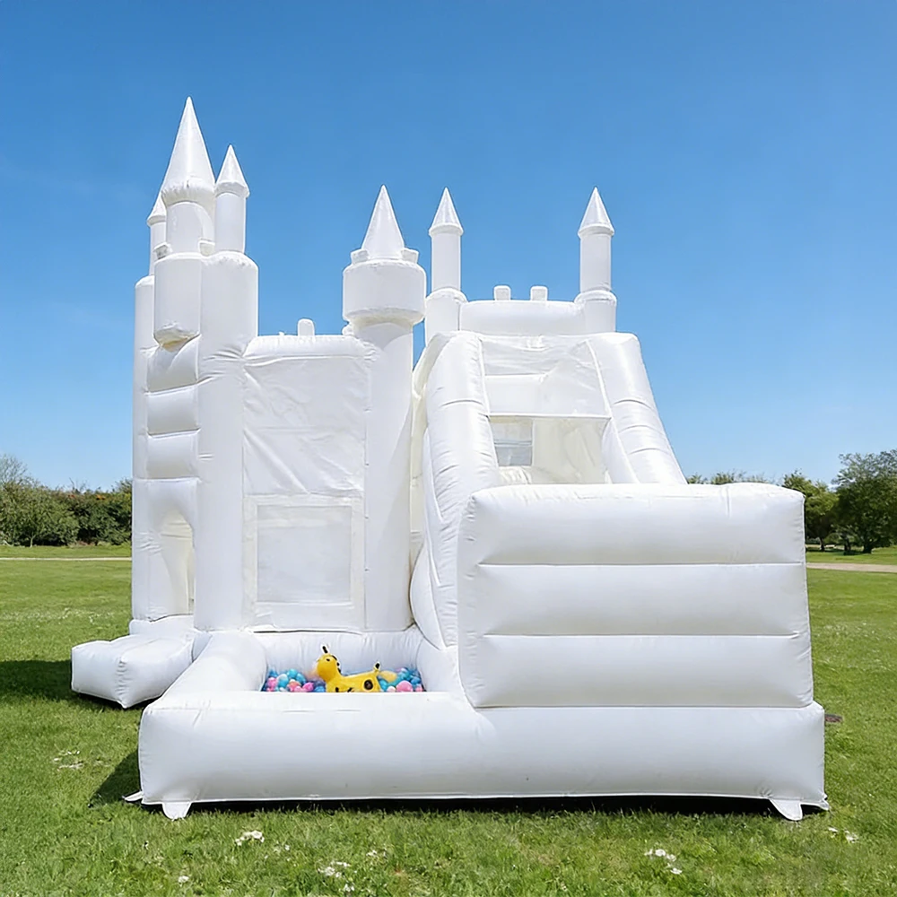 Corrediça inflável do bouncer com poço de bola para crianças perfeito para festas de casamento aniversários diversão ao ar livre soprador de castelo branco incluído