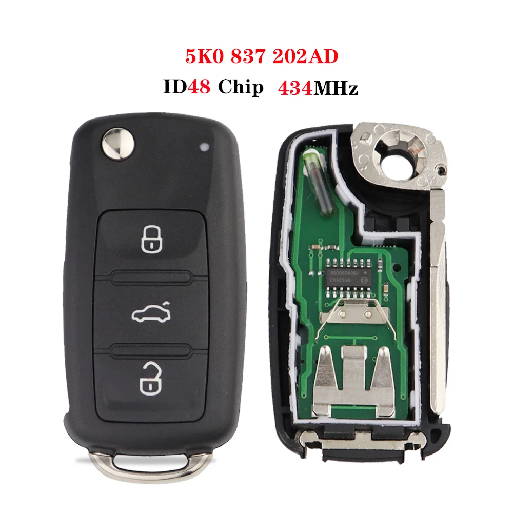 YIQIXIN Smart Remote Flip Key 434MHz ID48 Chip For Volkswagen VW Beetle Caddy Eos Golf Jetta Polo Scirocco Tiguan 5K0 837 202AD