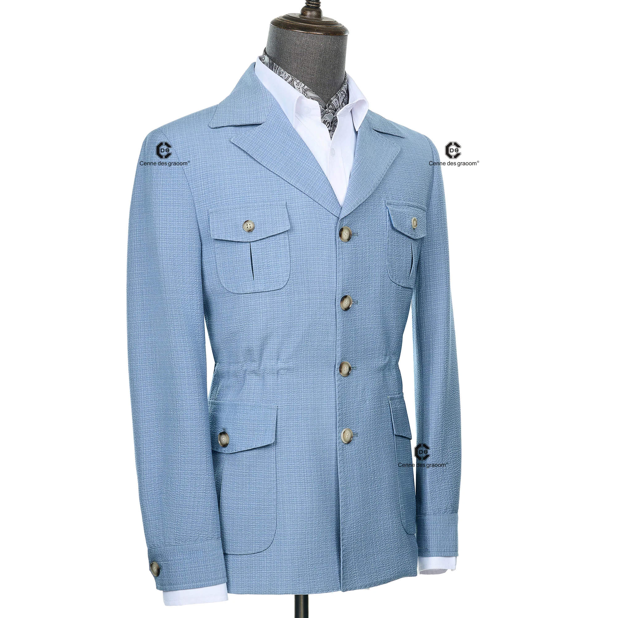 Cenne Des Graoom 2025 New Fashion Vintage Hunting Outfits for Men Sky Blue Safari Jackets with Multi Pockets Slim Fit Casual view 5