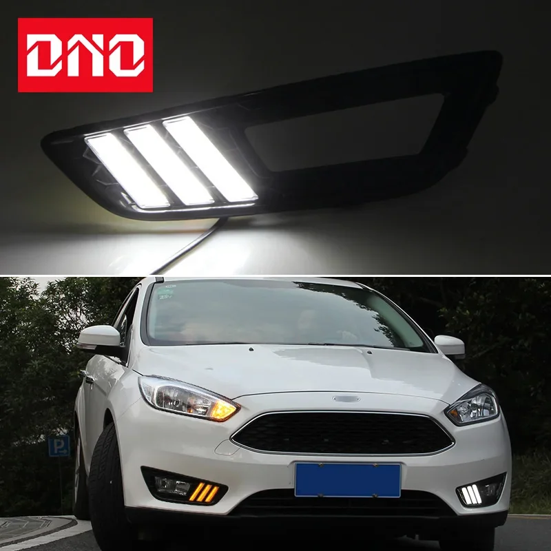 Car LED DRL 12V Daylights For Ford Focus 2015 - 2018 Yellow Turn Signal Daytime Running Headlamps Auto Driving Lamp Foglamps