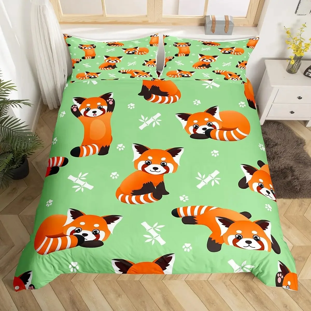 Cute Red Panda Duvet Cover King Size,Pink Love Stars Bedding Set Kawaii Cartoon Animals Comforter Cover Girly Sweet Quilt Cover