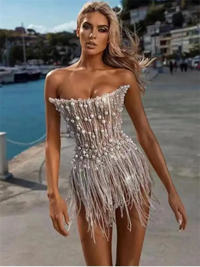 

Luxury Sparkling Diamonds Sliver Sequins Tassel Strapless Mini Dress Celebrity Birthday Party Evening Dress Performance Costume