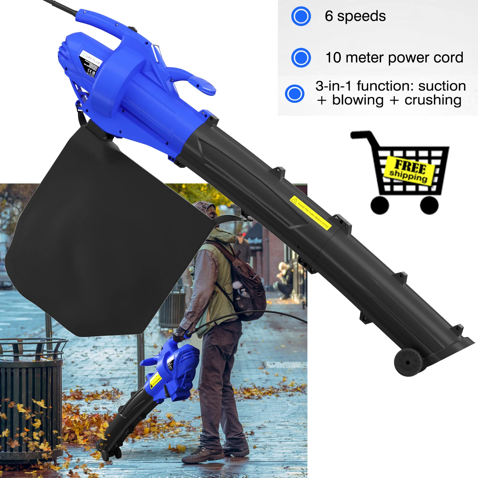 DayPlus Leaf Blower, 3 in 1 Garden Vacuum Leaf Shredder, Powerful Electric Garden Blower Household, 6 Variable Speed 35L Bag