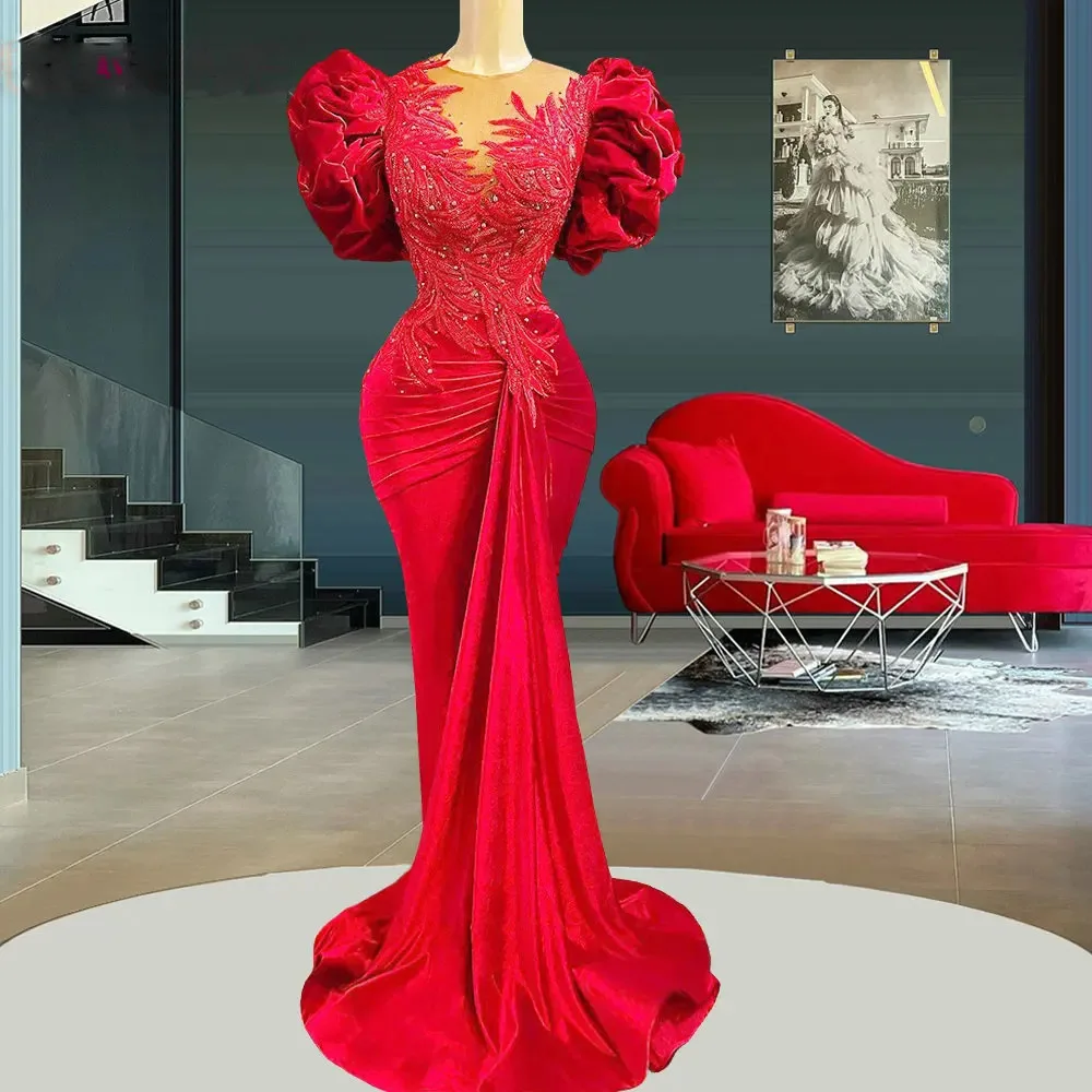 African Red Velvet Evening Dresses Women Ruby Pleat Mermaid Pearls Appliques Beading Formal Party Prom Gowns Vestidos De Fiesta