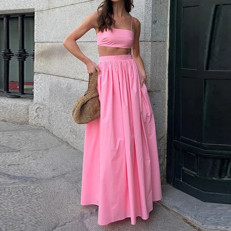 

Elegant Solid Holiday Outfit 2025 Sexy Bra Top and Long Skirt Women's Two Piece Set Fashion Hollow Off Shoulder Sling Party Suit