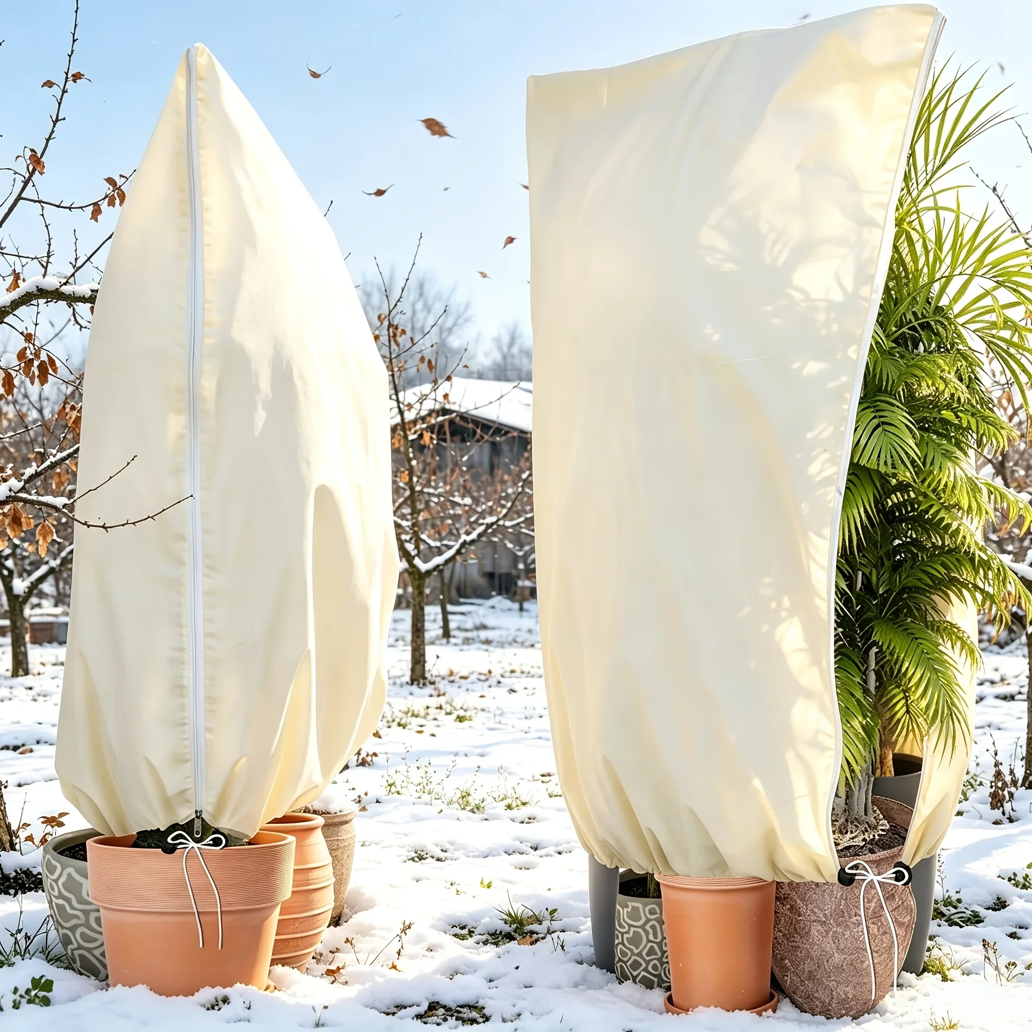 Outdoor plant anti-freezing cover with drawstring and zipper design, plant protection cover, multi-purpose anti-freezing cover
