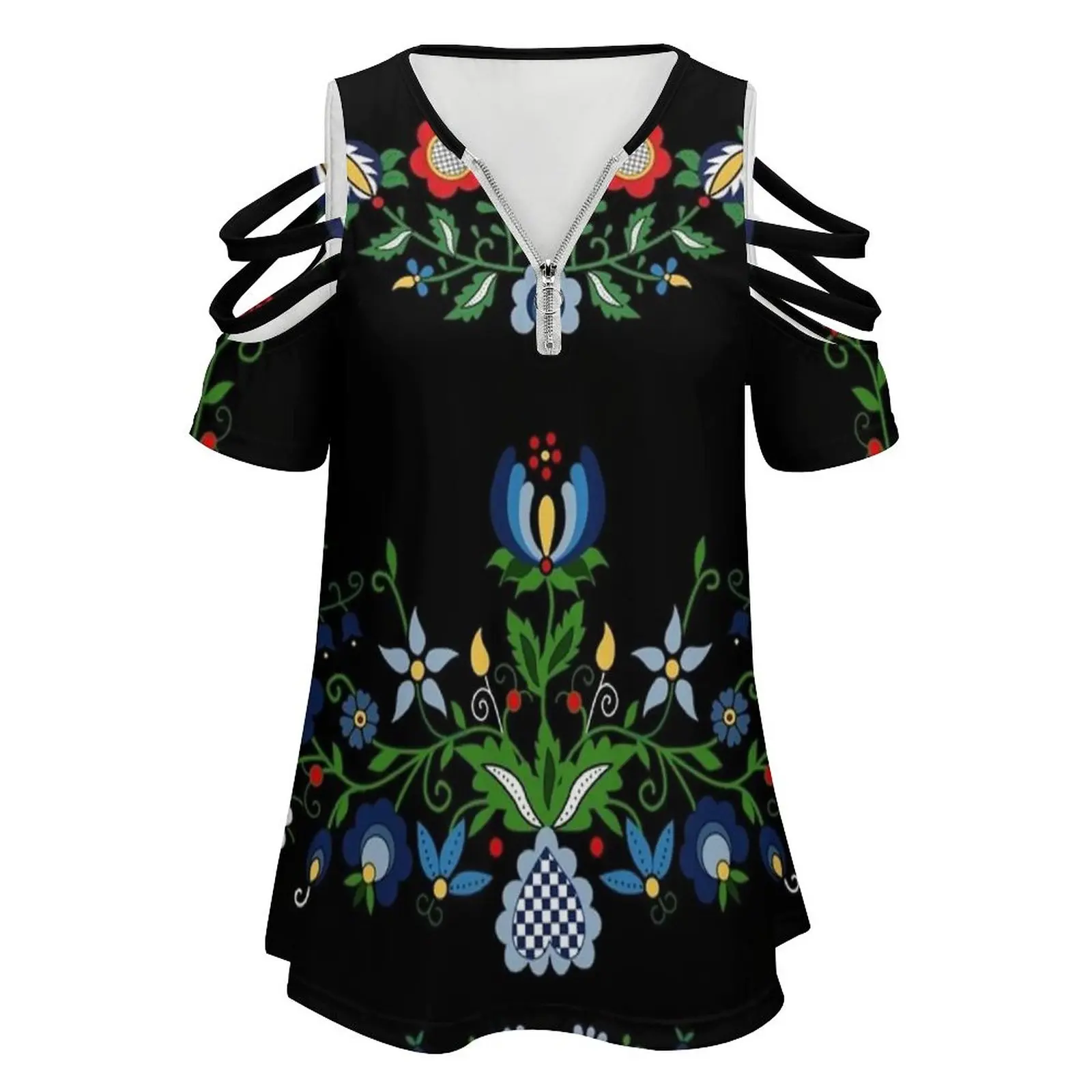 Folk-Kashubian Folk-Composition On Black Bg New Fashion Zip Off Shoulder Top Short-Sleeve Women Shirt Folk Folklore Kashuby