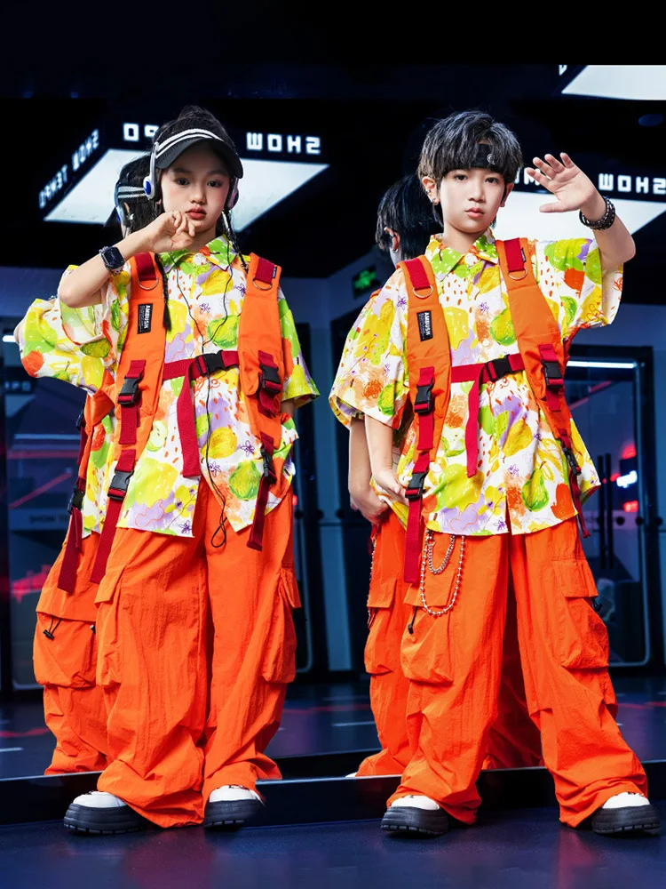 子供用KPOPヒップホップ服オレンジベストフルーツプリントシャツトップカジュアルパラシュートカーゴパンツ女の子男の子ジャズダンスコスチューム服