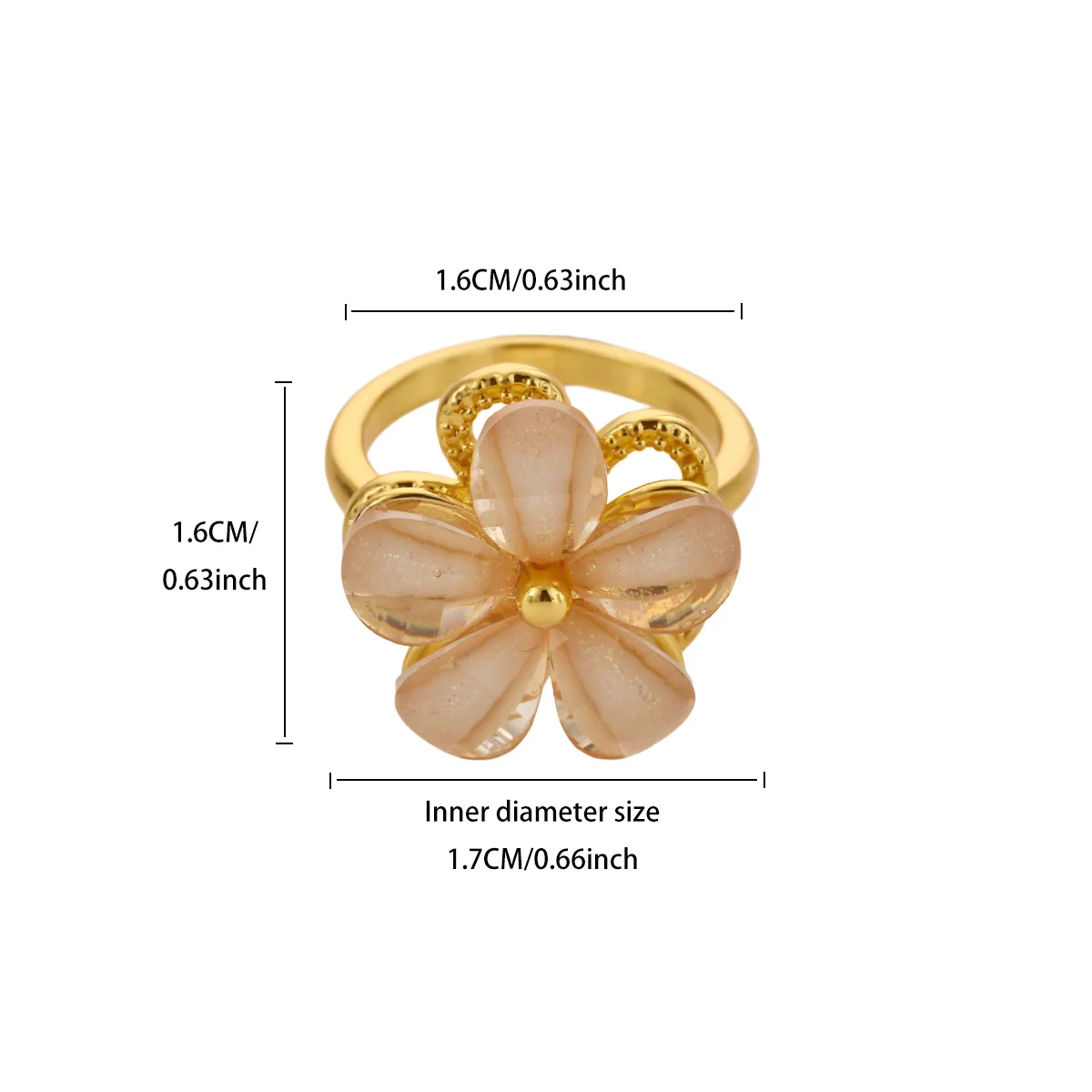 Niedlicher drehbarer Ring mit Blumenmuster aus Harz für Damen, goldfarben, Kupfer, drehbare Blume, offener Manschettenring, trendiger Party-Schmuck – Detail 6