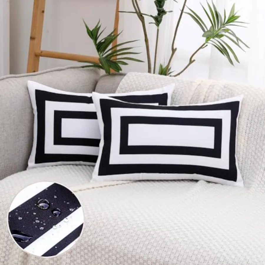 

White Outdoor Lumbar Pillow Covers Waterproof 12x20 Set of 2, White and Decorative Outdoor Waterproof Boho Pillows 12 x 20 for