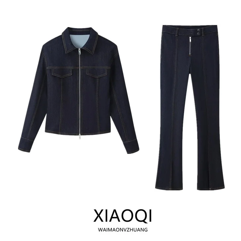 شتاء 2025 المرأة سليم صالح طويل Sve الدنيم جايت وسراويل Faion مجموعة عالية الخصر سستة مزين تخفيف Sle #1