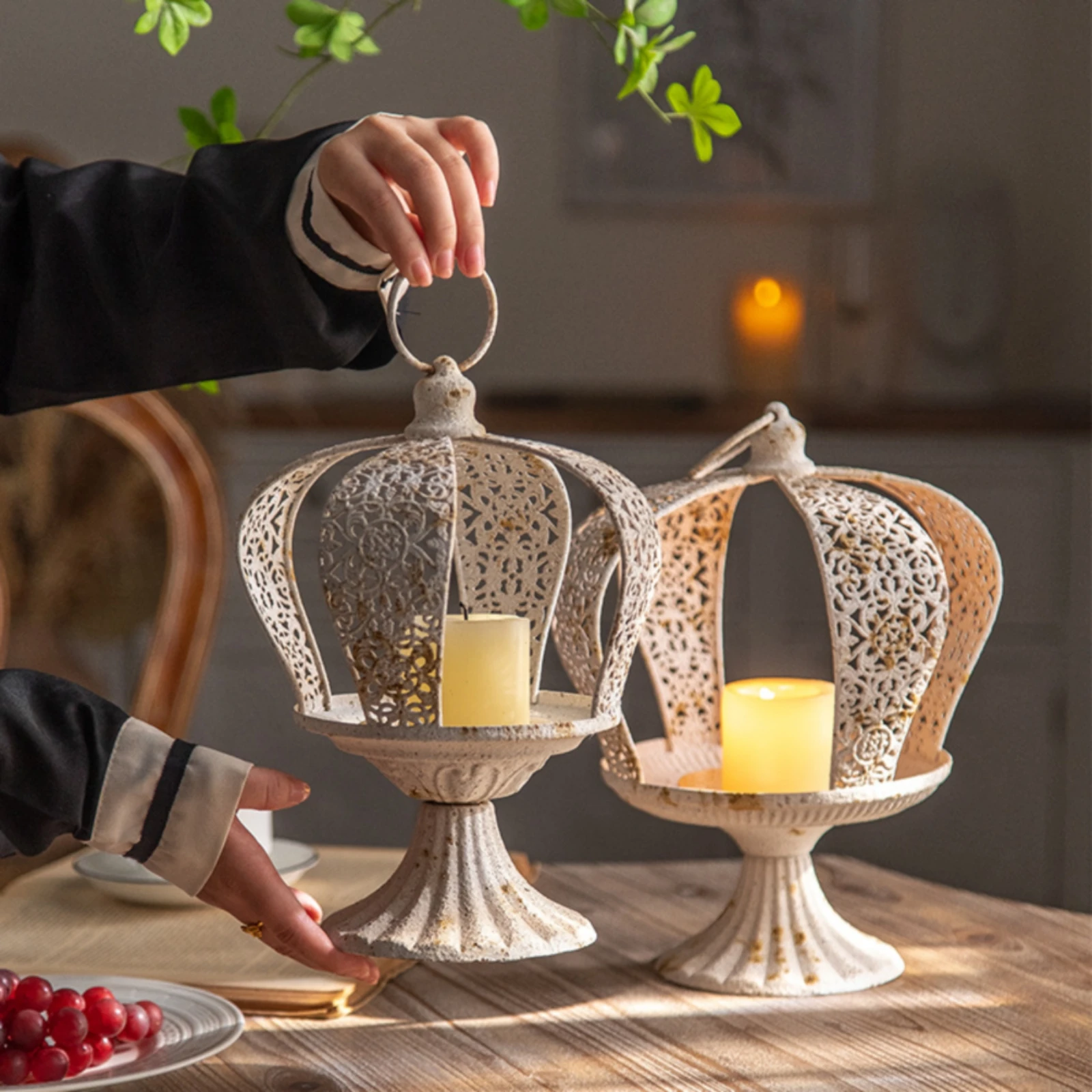 Crown Candle Holder Openwork Candle Holder with Pedestal Crown Glass Candlestick Shabby Chic Glass Candlestick Tabletop