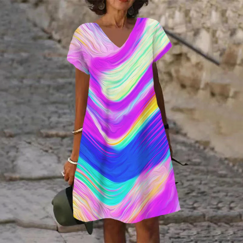 2023 Summer Casual Women streszczenie lakierowany nadruk sukienka trapezowa słodki casualowy krawat barwnik Rainbow Splash-Ink Dress V-Neck luźne