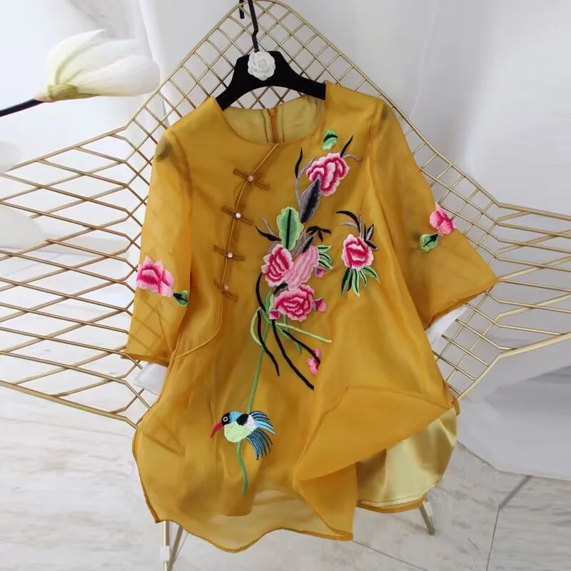 Women's Shirt Shirts & Blouses Spring and Summer Women's Blouse Temperament Ladies Embroidered Oblique Cheongsam Women's Shirt