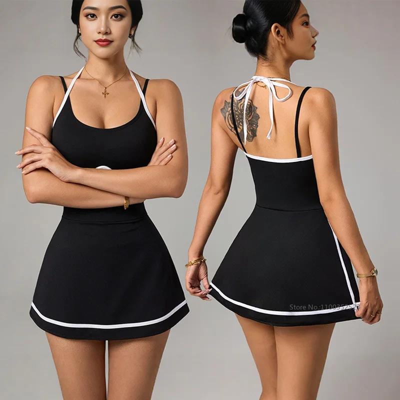 

Women Halter Sexy Tennis Dress Built-in Shorts Backless Sleeveless Yoga Sportswear Ladies Striped Workout Fashion Dress