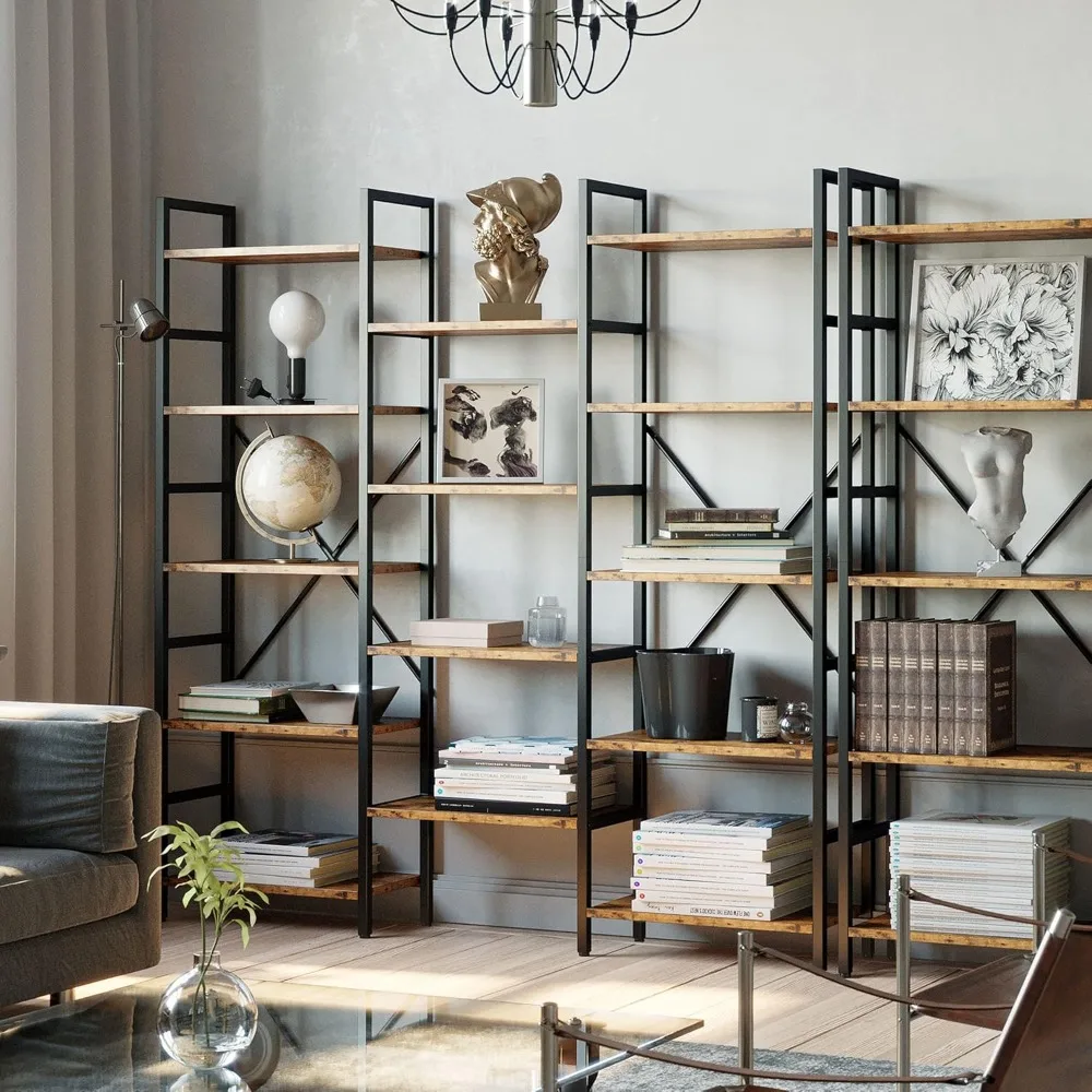 Bookshelves Triple Wide 5 Tiers Industrial Bookshelf, Large Etagere Bookshelf Open Display Shelves with Metal Frame