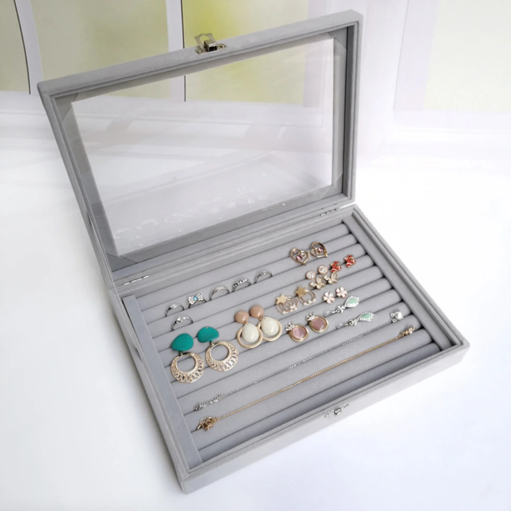 Jewelry Organizer Velvet Transparency glass Flip cover Jewelry Storage Box Earring Rings Necklace Large Space Jewelry Women Gift