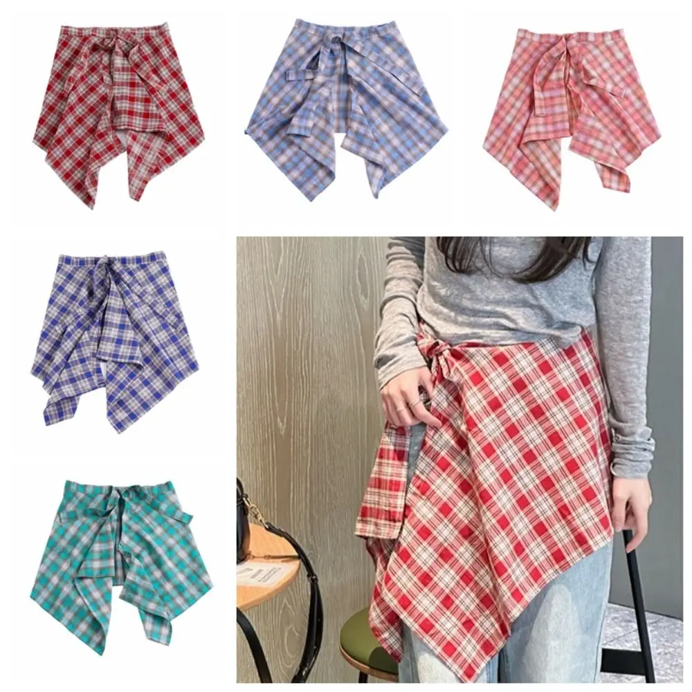

Short Lattice Mini Skirt Korean Style High Waist Half Body Skirt Y2K Waist Blet Decorative Irregular Edge Skirt Jeans Decoration