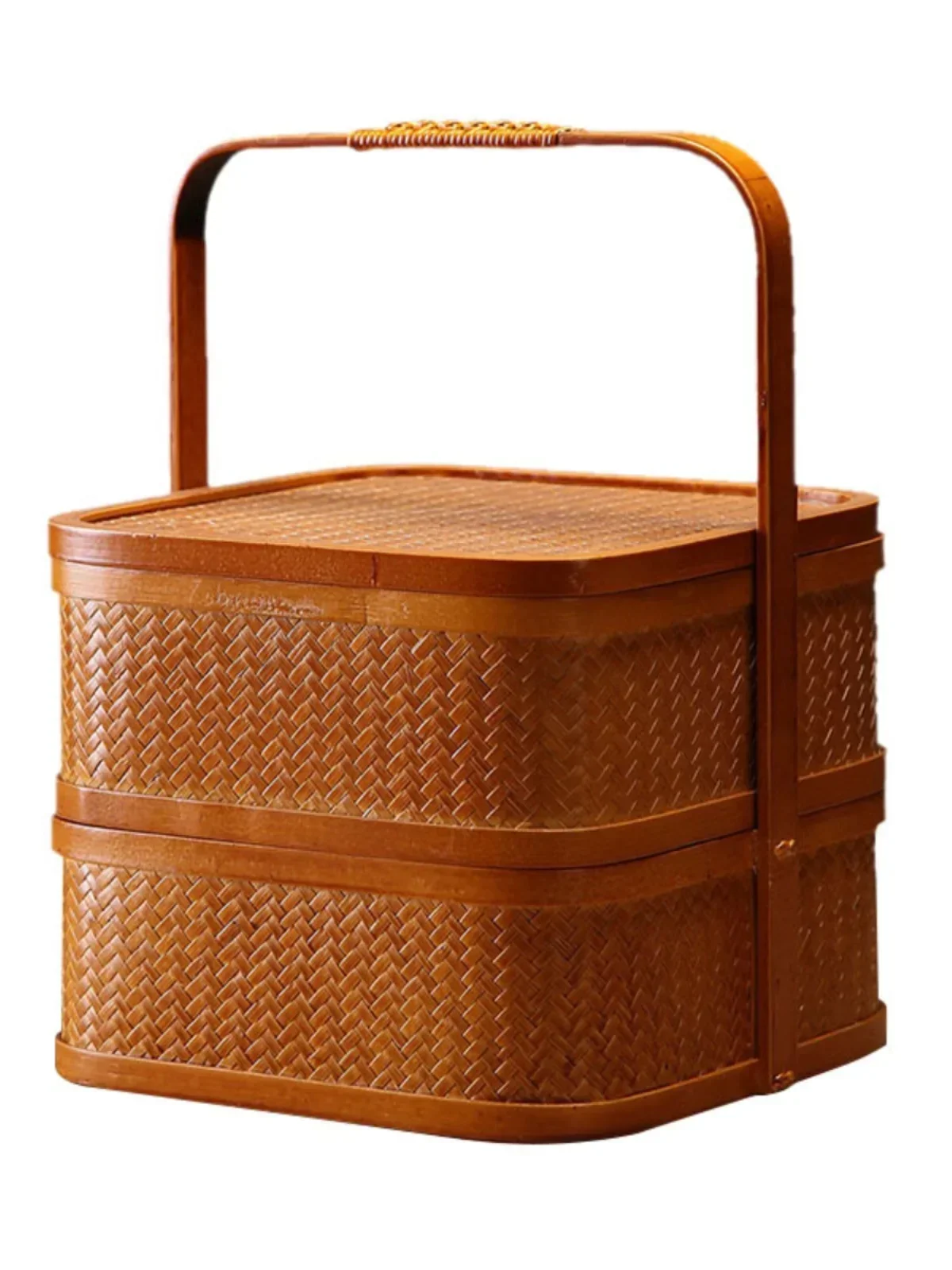 Handmade bamboo woven double-layer retro food box handle basket delivery with lid tea set fruit snack storage