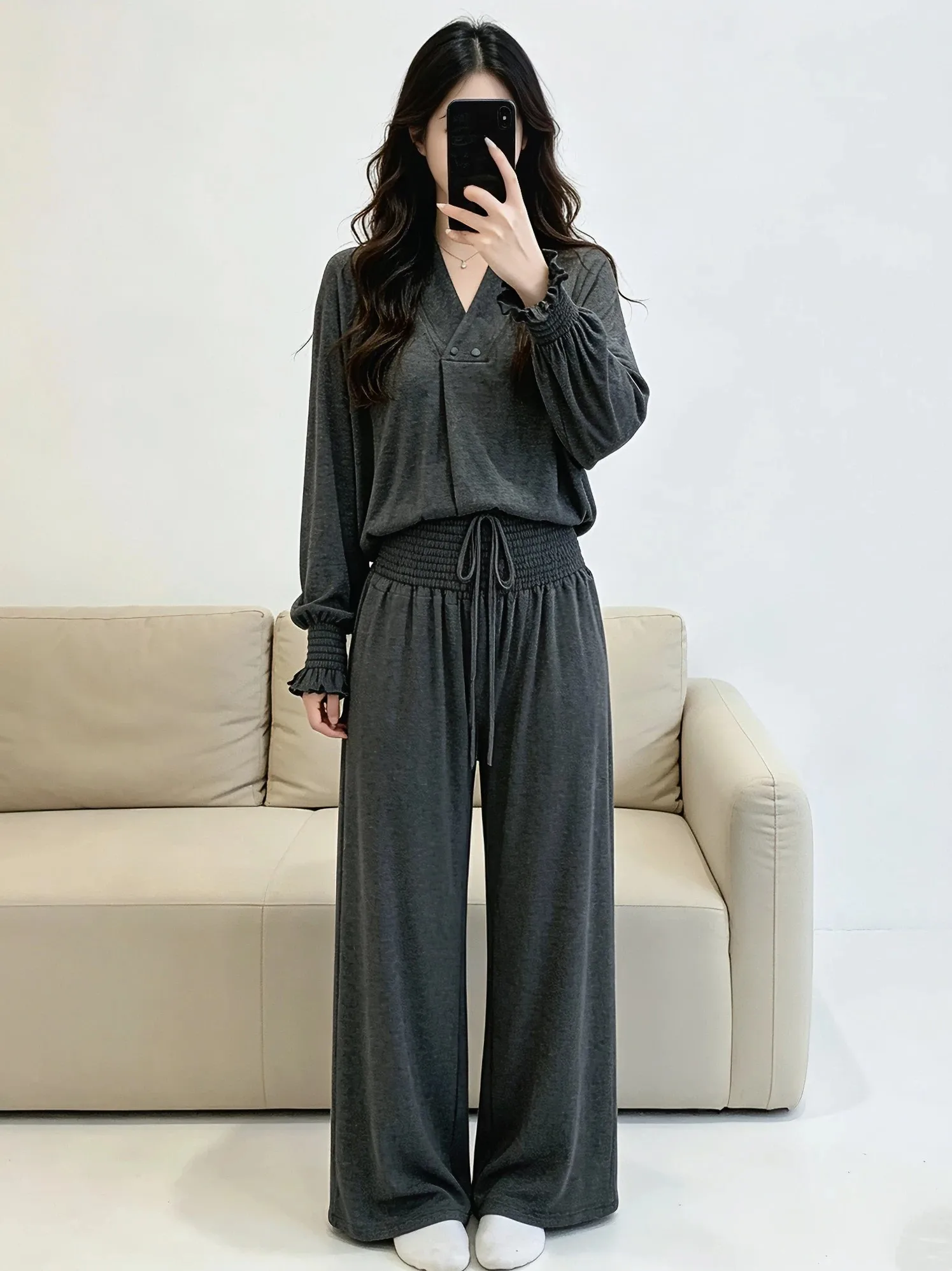postpartum-sleepwear-long-sleeve-thin-home-clothes-set-for-women-summer-nursing-feeding-loose-comfortable-v-neck-polyester-fiber