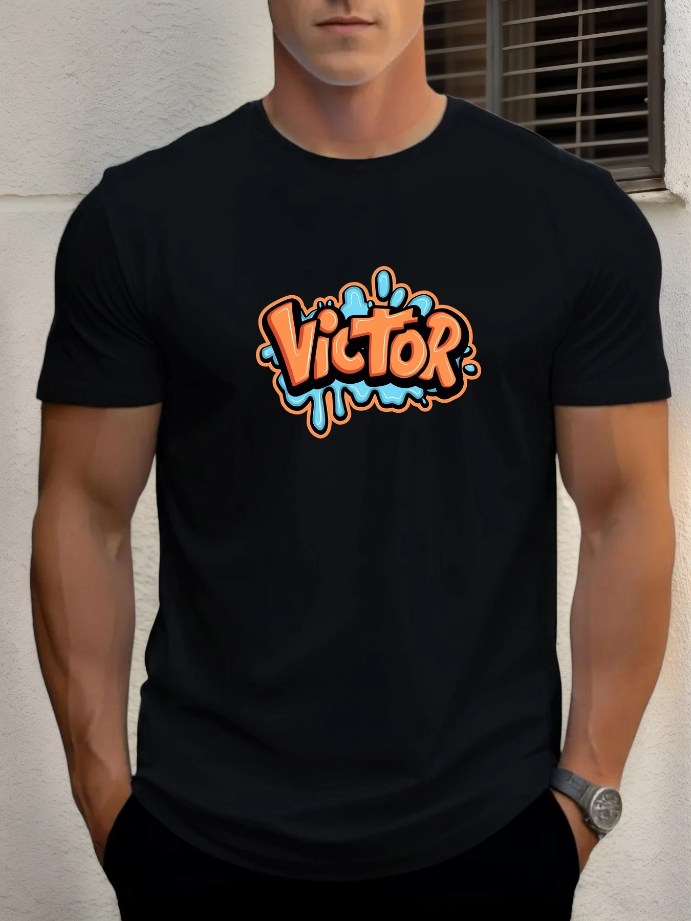 

2025 Summer Men's Cotton T Shirt Victor Trendy Print Round Neck T-Shirt Casual Breathable Street Style Daily Top