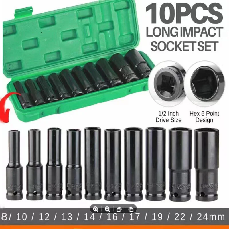 10PCS 1/2 Inch Drive Deep Impact 6-Point Hex Socket Set 8mm 10mm 12mm 13mm 14mm-24mm Wrench Tool Head Tire Removal Tools