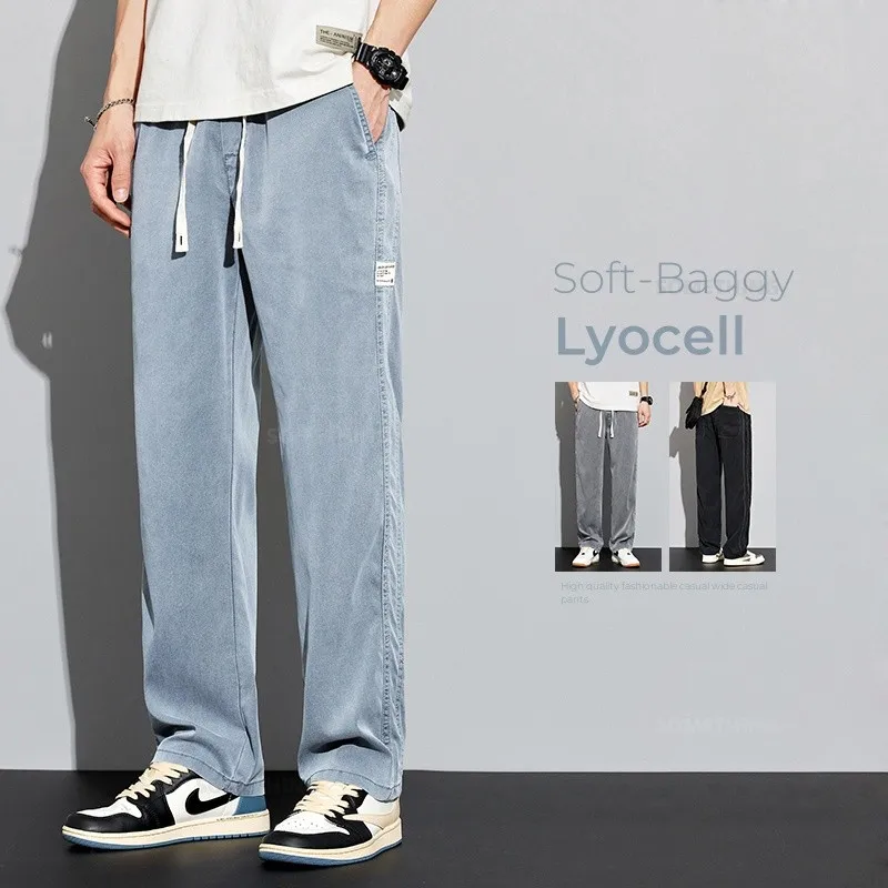 

3 Colors New in Pants Men Soft Lyocell Fabric Baggy Straight Elastic Waist Drawstring Wide Trousers Male Plus Size 4XL