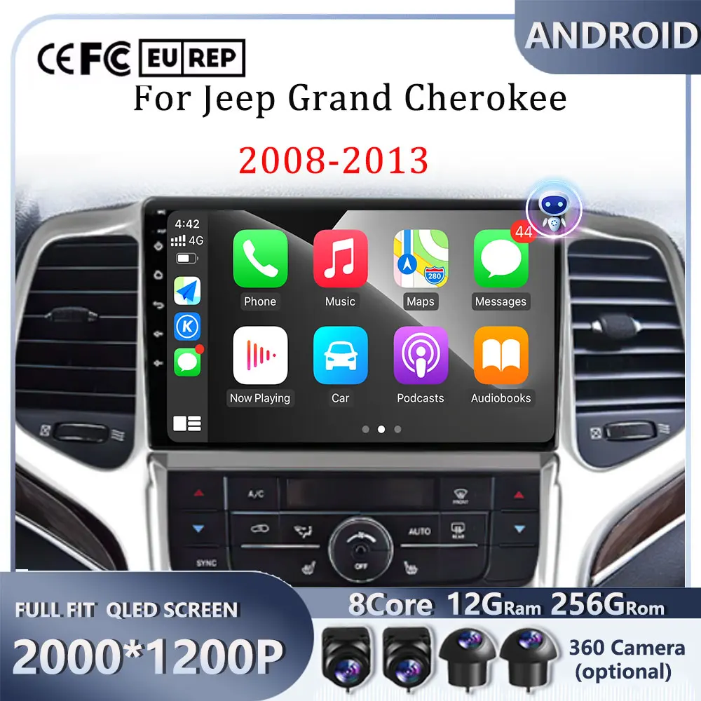 

2din Android 14 Auto Car radio Sereo Multimedia player 4G BT 5.0 Carplay GPS navi Screen For Jeep Grand Cherokee 2008 - 2013