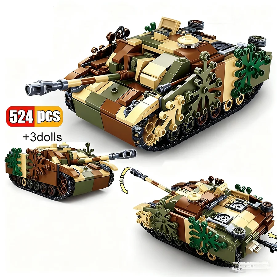 524Pcs WW2 0858 Armored Fighting Tank Model Building Blocks Military Army Series UK US Style Children's Toy Bricks Birthday Gift