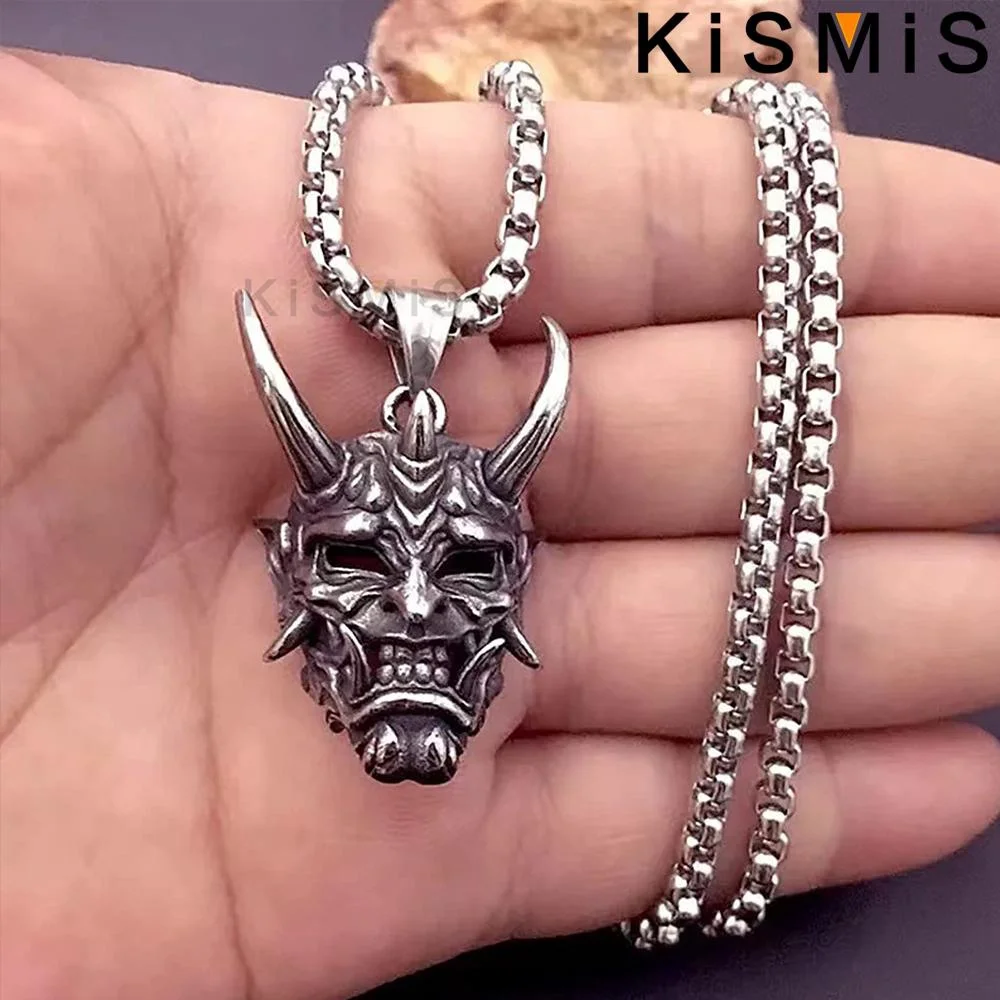 KISMIS 1PC Men's Evil Demon Horn Skull Pendant Necklace Vintage Gothic Punk Stainless Steel Jewelry image 5